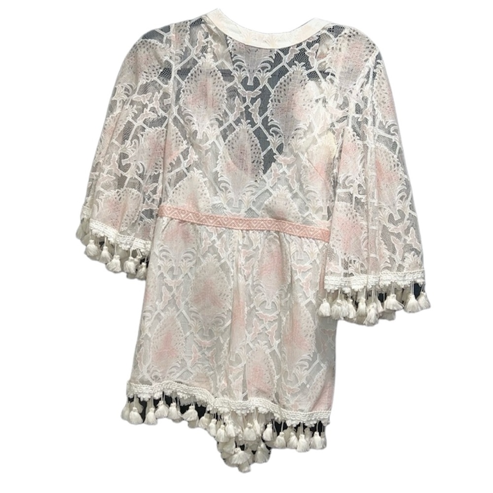 •NWT• Luxxel lace w/ pompom detail romper • size S • white w/ baby pink